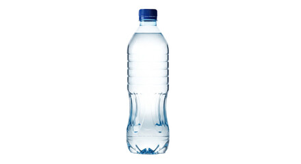 Clear plastic water bottle with blue cap isolated on transparent PNG background