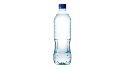 Clear plastic water bottle with blue cap isolated on transparent PNG background