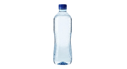 Clear plastic water bottle with blue cap isolated on transparent PNG background