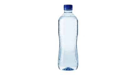 Clear plastic water bottle with blue cap isolated on transparent PNG background