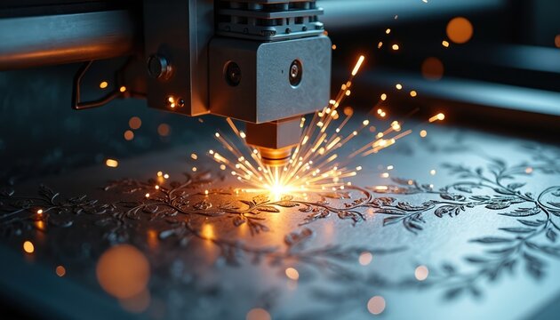 Industrial laser engraver carves intricate floral patterns onto metal. Bright sparks fly from precision cutting tool creating detailed designs on sheet material. High tech manufacturing, custom