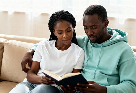 Young black couple reading a book together on the couch. African American man and woman relaxing at home with a novel. Relationship and leisure time concept