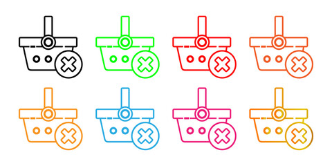 Vector Set of Outline Shopping Basket with X Mark Icons for E-commerce, Removal, and Cancellation