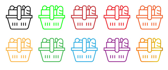 Set of diverse grocery shopping basket icons in outline and gradient styles, perfect for retail and e-commerce.