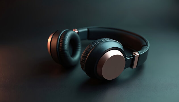 Black wireless headphones isolated on dark surface. Modern audio equipment for listening music. Headset for DJs, music lovers. Portable earphones device for studio, sound, entertainment. Audio gadget