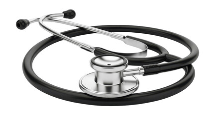 Professional black medical stethoscope for healthcare checkup isolated on transparent PNG background