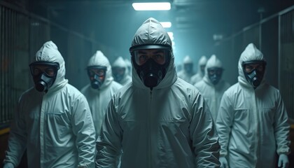 Group of men wear white hazmat suits and gas masks. They stand in a dark corridor with glowing lights. Ready for dangerous work in a hazardous environment.