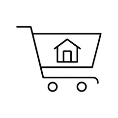 Shopping cart containing a house outline illustration on transparent background silhouette