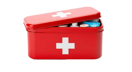 Emergency red first aid kit with medical supplies isolated on transparent PNG background