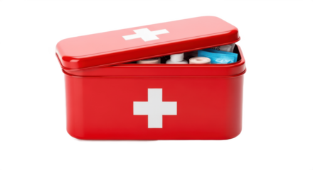 Emergency red first aid kit with medical supplies isolated on transparent PNG background