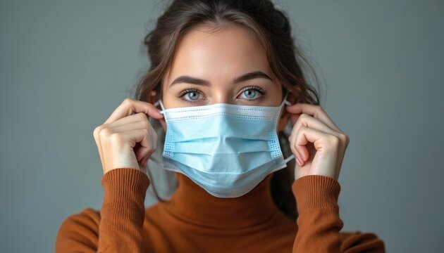 Young woman puts on blue medical face mask. Cares for health, prevents virus spread, illness, disease. Girl protects self from flu, infection, epidemic, pollution, danger. Human safety, global public