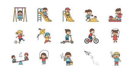 Fototapeta premium Children enjoying outdoor activities: playgrounds, cycling, kite flying, and more