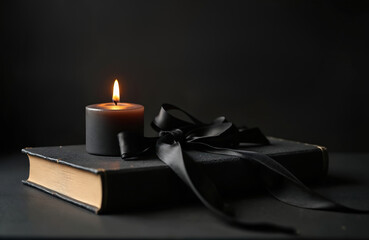 Burning candle and black ribbon on an old book. Dark background, somber mood, symbol of loss, memory, and grief for solemn occasions. Quiet remembrance.