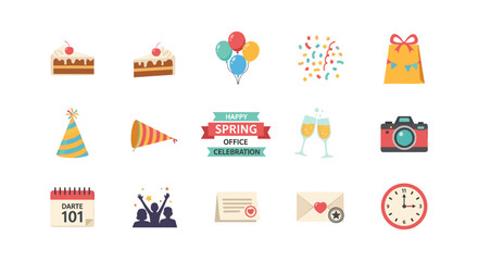 Happy spring office celebration with festive icons and party elements