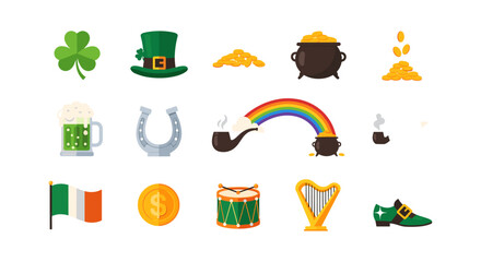 St. patrick's day icons: clover, leprechaun hat, gold coins, rainbow, irish traditions