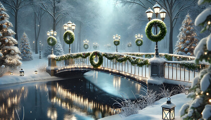 Christmas Screensaver Background – Peaceful Snowy Bridge in Christmas-Lit Park