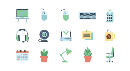 Modern office icons set featuring technology, plants, and stationery in flat design