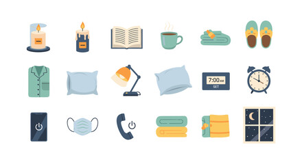 Cozy bedroom icons set featuring flat style evening routine essentials for a relaxing night ambiance