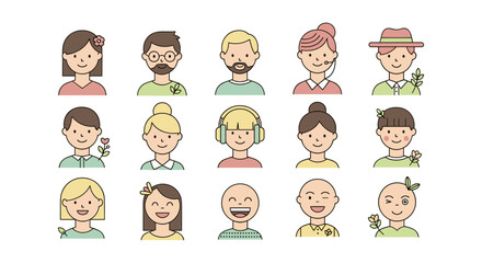 Diverse cartoon characters set with simple flat style design