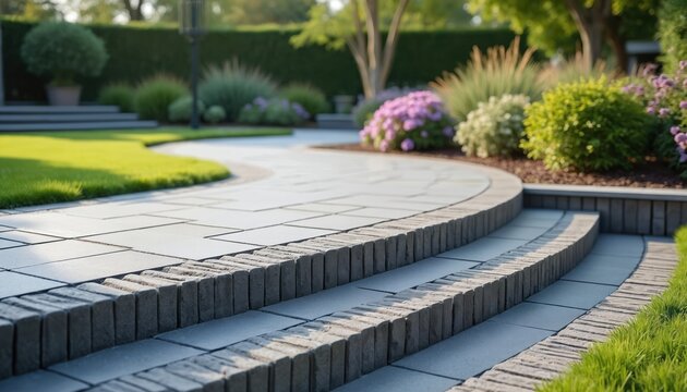 Modern garden pathway and steps under construction. Grey porcelain tiles and charcoal edge bricks create clean, seamless patio design. Rich green lawn and flowering plants complete landscaped setting.