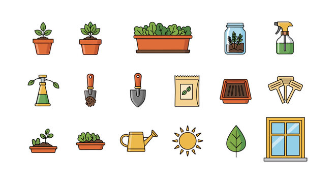 Home gardening essentials: tools and plants in colorful flat style for urban growers