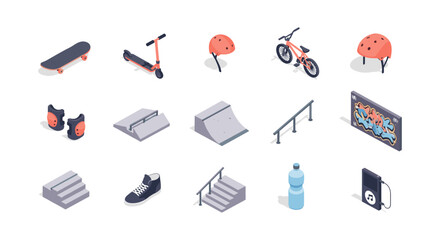 Urban skatepark equipment and accessories in isometric style