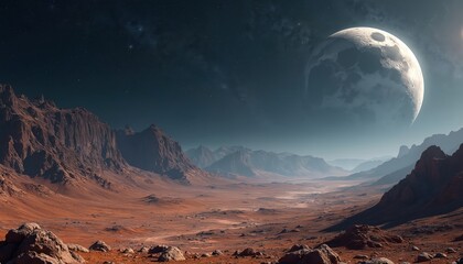 Fototapeta premium Landscape of a planet with mountains and a large moon in the sky. Reddish brown terrain with rocks and boulders. Dark blue night sky with stars. Lunar surface with craters. Mountains in the distance.