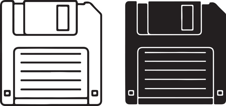 Black and white floppy disk icons on a white background diskette storage on transparent background