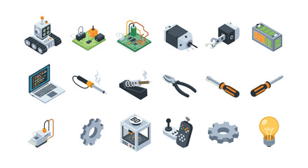 Isometric electronics tools and components set for engineering projects