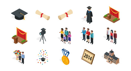 Isometric graduation elements set: caps, diplomas, podiums, and medals for academic achievements