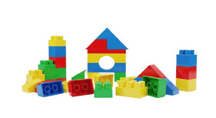 Colorful plastic building blocks and toy bricks for kids construction isolated on transparent PNG background