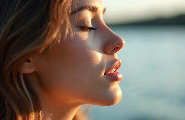 Fototapeta premium Young woman relaxes by calm water, eyes closed. Golden sun warms face, soft light on skin. Enjoys peaceful moment, breathes fresh air. Natural beauty, serenity, quiet contemplation outdoors. Golden