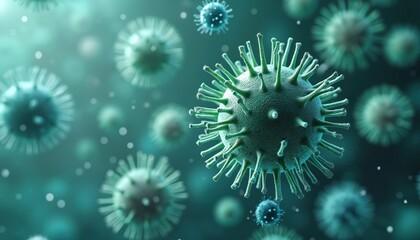 Closeup shows many viruses on green. Viruses spiky balls. Image about biomedicine science, epidemic research. Concept about virus mutation, spread of pandemic. Backdrop presents infection with germs.