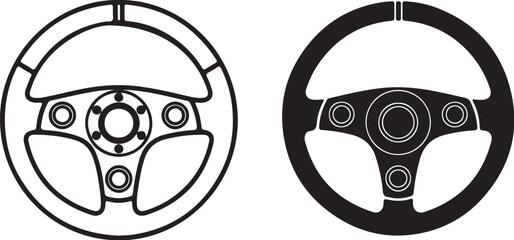 Outline and Silhouette Icons of a Racing Steering Wheel automobile vehicle on transparent background