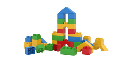 Colorful plastic building blocks and toy bricks for kids construction isolated on transparent PNG background
