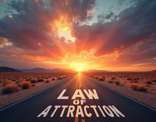 Naklejka premium Desert highway leads to bright sun with law of attraction text painted on asphalt. Dramatic clouds fill sky, indicating hope and future success on path.