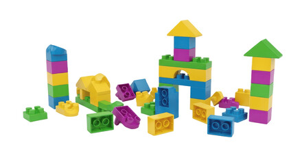 Colorful plastic building blocks and toy bricks for kids construction isolated on transparent PNG background