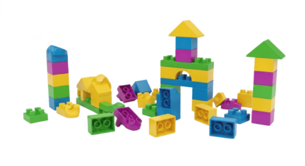 Colorful plastic building blocks and toy bricks for kids construction isolated on transparent PNG background