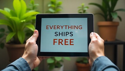 Tablet Displaying &lsquo;Everything Ships Free&rsquo; with Indoor Plants &ndash; E-Commerce Promotion Visual