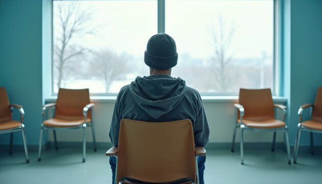 Guy sits in hospital lobby. Man awaits results wearing beanie. Person waits on chair near window in clinic. Patient looks sadly into distance, hopes for treatment. Healthcare access problems shown.