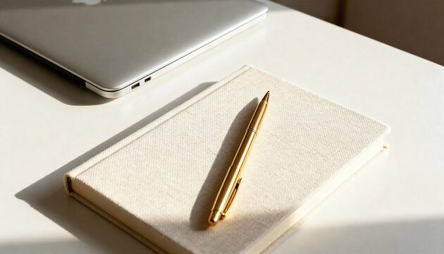 Elegant gold pen on a cream notebook at a minimalist desk. Modern home office workspace with a laptop for business or studying