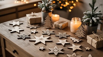Rustic Wooden Christmas Ornaments with Candles and Gifts &ndash; Cozy Holiday Decor Scene