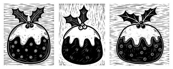 Christmas pudding vector set with holly berries in woodcut style showing traditional winter dessert cake in linocut engraving design