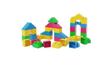 Colorful plastic building blocks and toy bricks for kids construction isolated on transparent PNG background