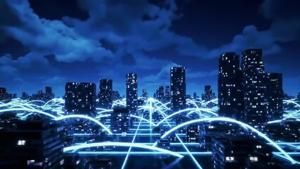 Blue-toned cityscape with glowing lines connecting buildings under a cloudy night sky - Powered by Adobe