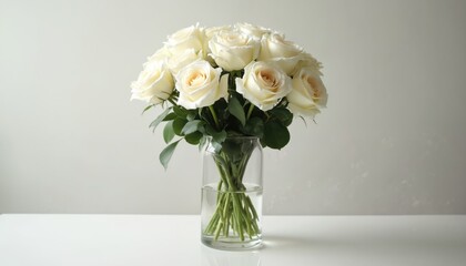 Bouquet of white roses in vase. Bunch of flowers for mothers day. Fresh floral arrangement on the white table. Gift for celebration. Romantic gift for woman. Love and romance concept.
