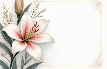 Watercolor floral design. Wedding invitation template with elegant lily flower. Minimalist frame for greeting card. Beautiful botanical illustration for wedding, business or event.