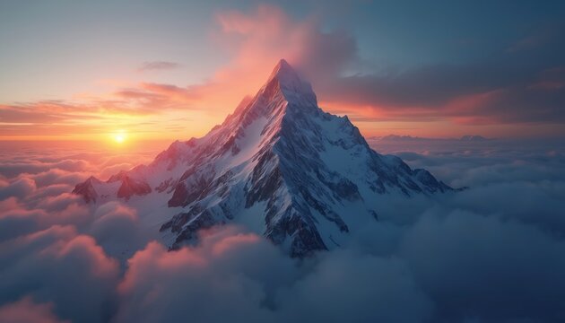Majestic snow covered mountain peak at sunset. Sun sets over cloudy sky creating pink orange hues. Dramatic cold landscape above sea of clouds. - Powered by Adobe