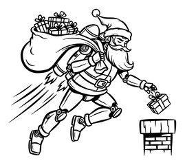 Robot Santa Claus flying with jetpack delivering gifts to chimney hand drawn vector illustration