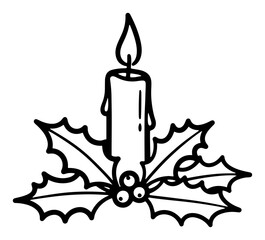 Burning christmas candle with holly leaves and berries vector illustration in bold line style